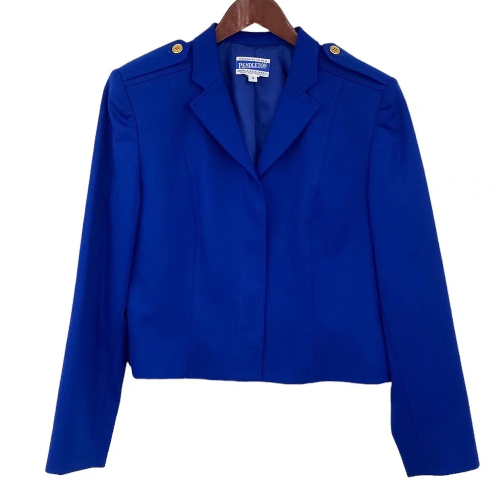 Pendleton Blazer Jacket Womens Size 10 Blue Vintage Wool Gold Button Cropped